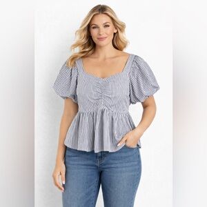 NWOT Old Navy Top Women XXL 100% Cotton Striped Babydoll Puff Sleeves